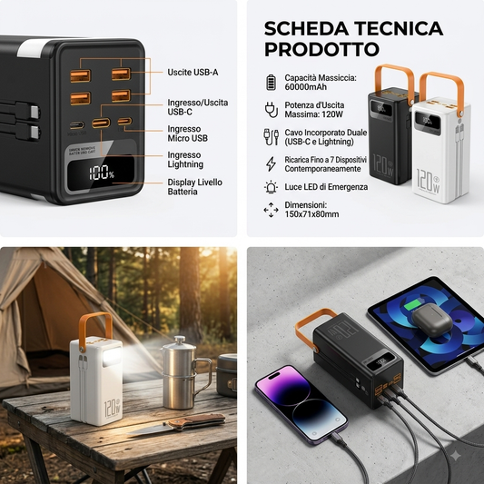 0-aPower Bank 60000mAh 120W Ricarica Rapida Portatile da Campeggio
