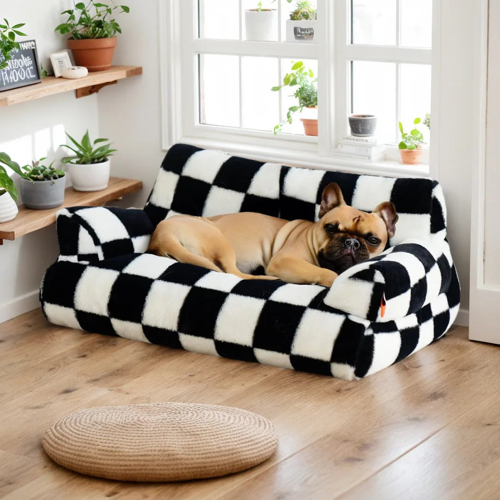 00-aDivanetto per Animali: Comfort a Scacchi e Stile Rude Boy 🏁🐾Morbido Peluche e Sfoderabile