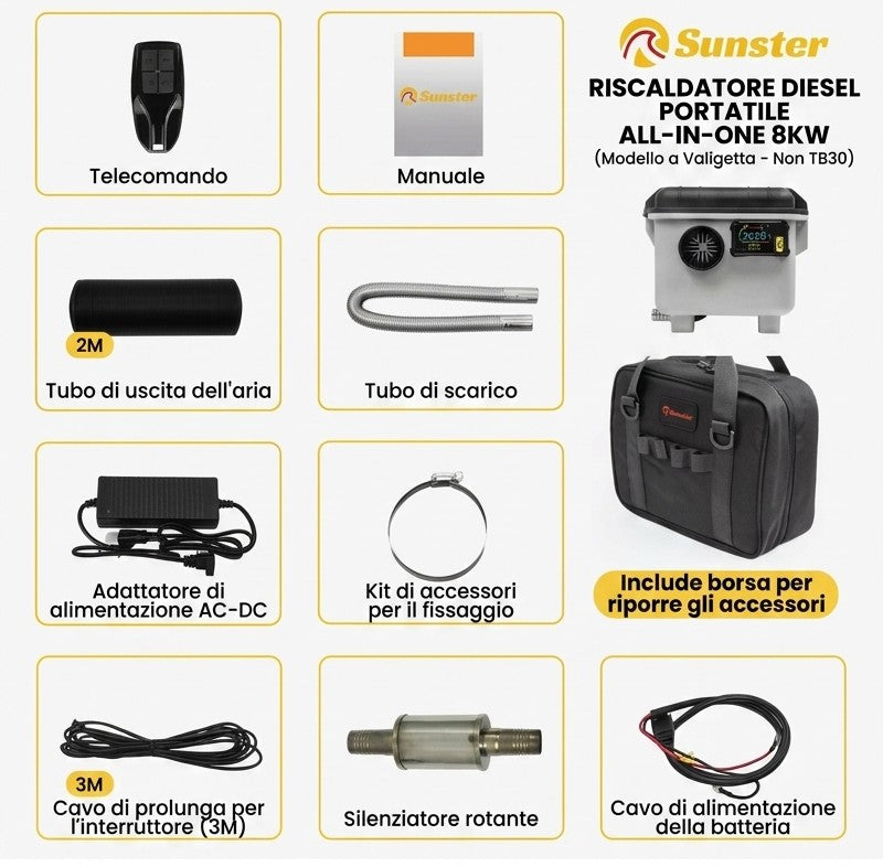 0-Riscaldatore a Gasolio Silenzioso 8KW con Telecomando e Temperatura Costante.(12V/24V/230V)