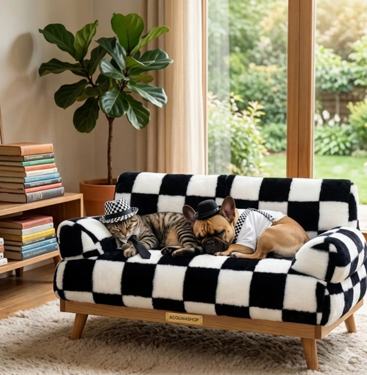 00-aDivanetto  per Animali: Comfort a Scacchi e Stile Rude Boy 🏁🐾Morbido Peluche e Sfoderabile