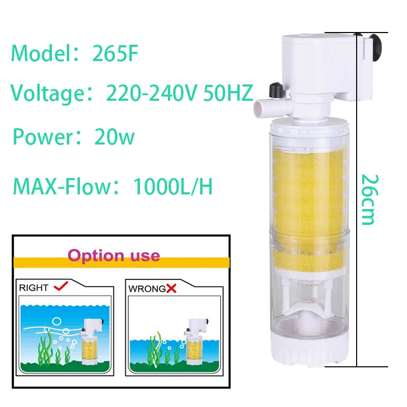 25-3 in 1 Multifunction Aquarium Filter Pump 220V – Filtration, Oxygenation and Circulation.