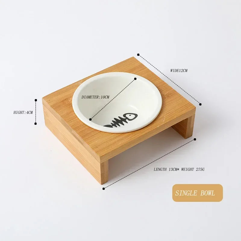 08-Raised Wooden Bowl with Ceramic Bowls – Elegant Cats, Peaceful Meals