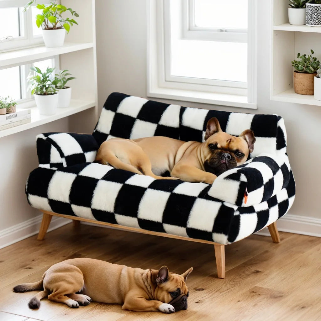 00-aDivanetto  per Animali: Comfort a Scacchi e Stile Rude Boy 🏁🐾Morbido Peluche e Sfoderabile