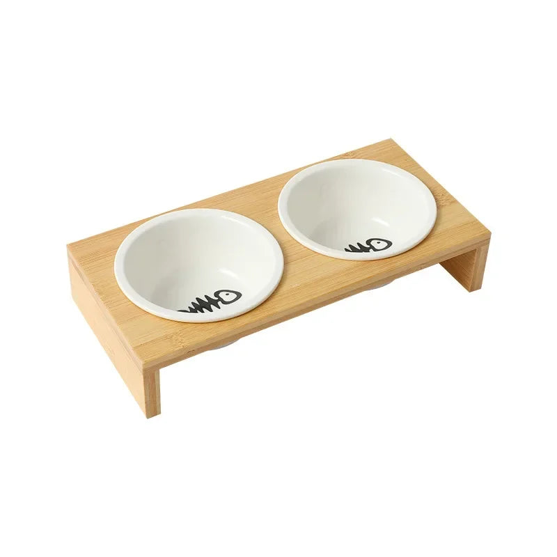 08-Raised Wooden Bowl with Ceramic Bowls – Elegant Cats, Peaceful Meals