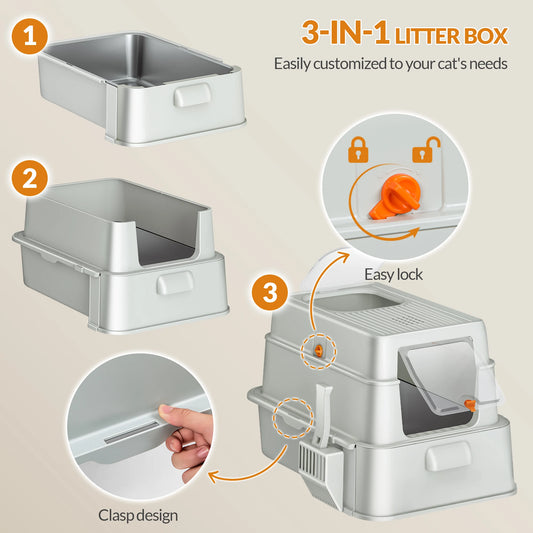 00-Lettiera Gatti Acciaio Inox XXL con Coperchio e Pedale Anti-Sabbia