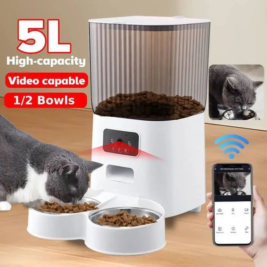 11-Dosatore Cibo Smart 5L con Telecamera per Gatto/Cane | Timer Wi-Fi
