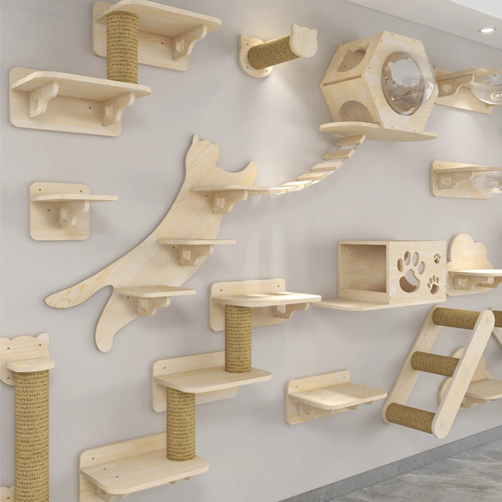 00-aTiragraffi | Albero da Parete per Gatti – Ripiani, Amaca e Scala in Legno