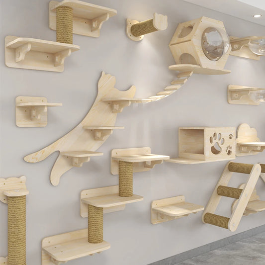 00-aTiragraffi | Albero da Parete per Gatti – Ripiani, Amaca e Scala in Legno