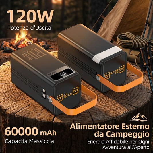 0-aPower Bank 60000mAh 120W Ricarica Rapida Portatile da Campeggio
