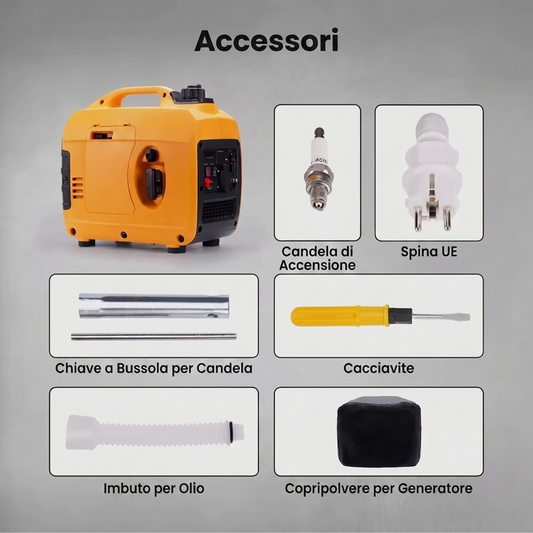 00-aGeneratore Inverter Silenzioso 1200W 4 Tempi - Portatile (14 kg) per Campeggio e Emergenze.