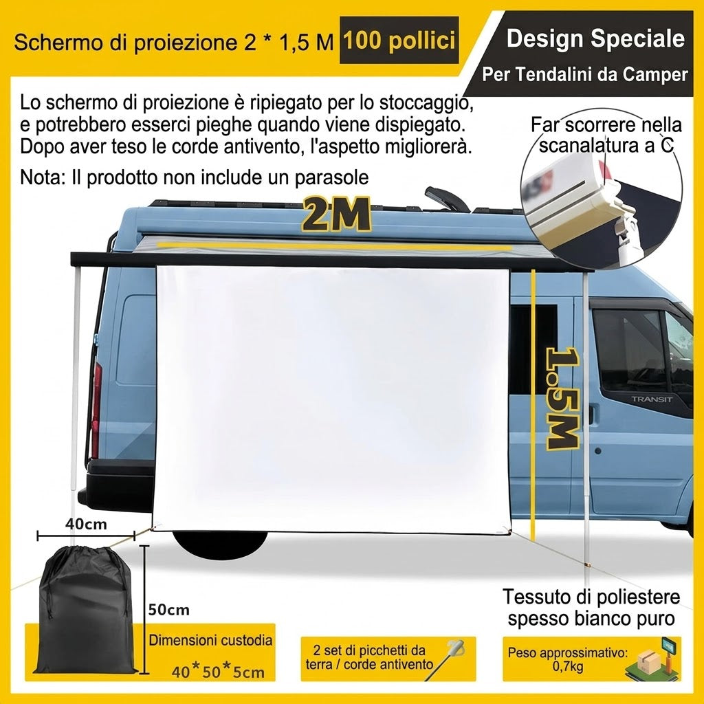0-Schermo Proiettore Camper 100" 2x1,5m Kit per Fiamma ed Dometic