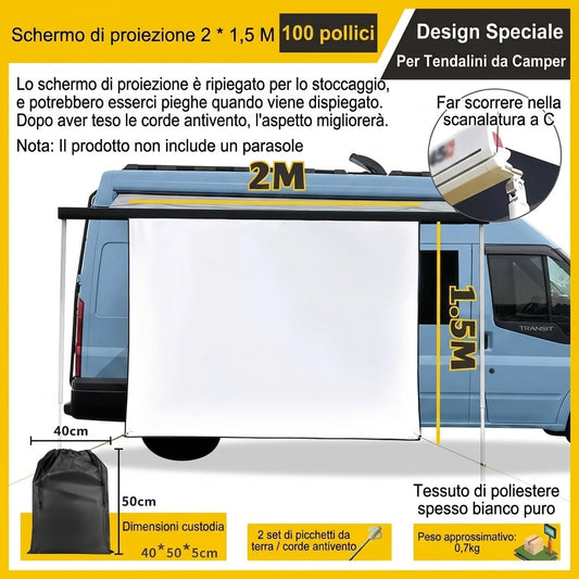 0-Schermo Proiettore Camper 100" 2x1,5m Kit per Fiamma ed Dometic